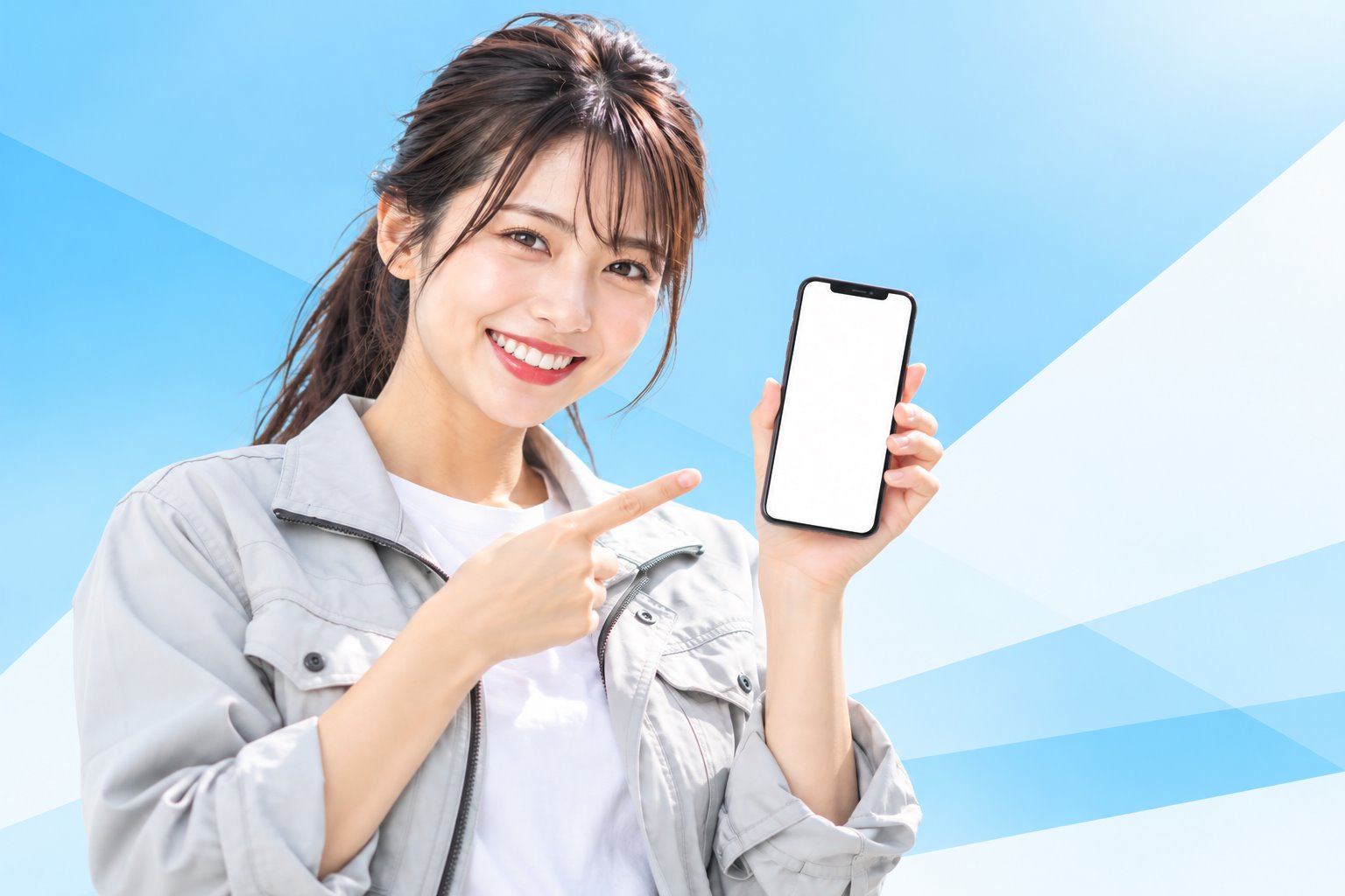 スマートフォンで応募を案内する女性スタッフ