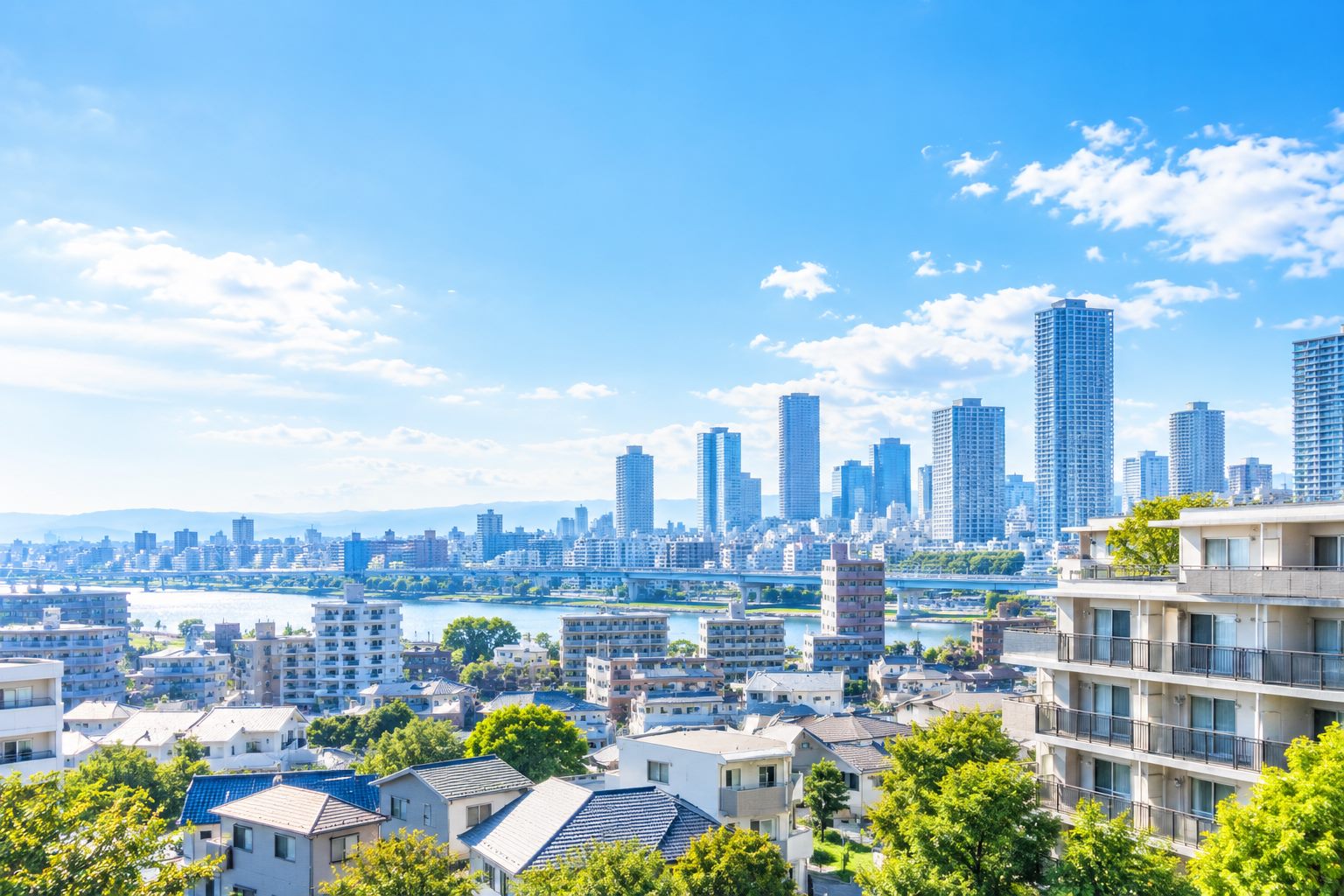 高層ビルと住宅街が広がる都市の風景