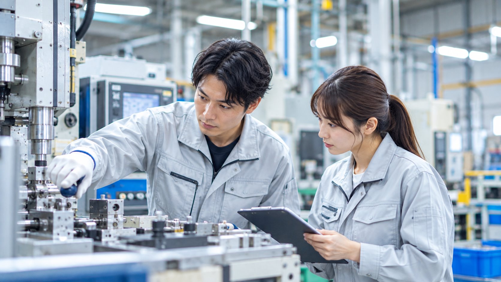 工場で機械・設備を確認するスタッフ